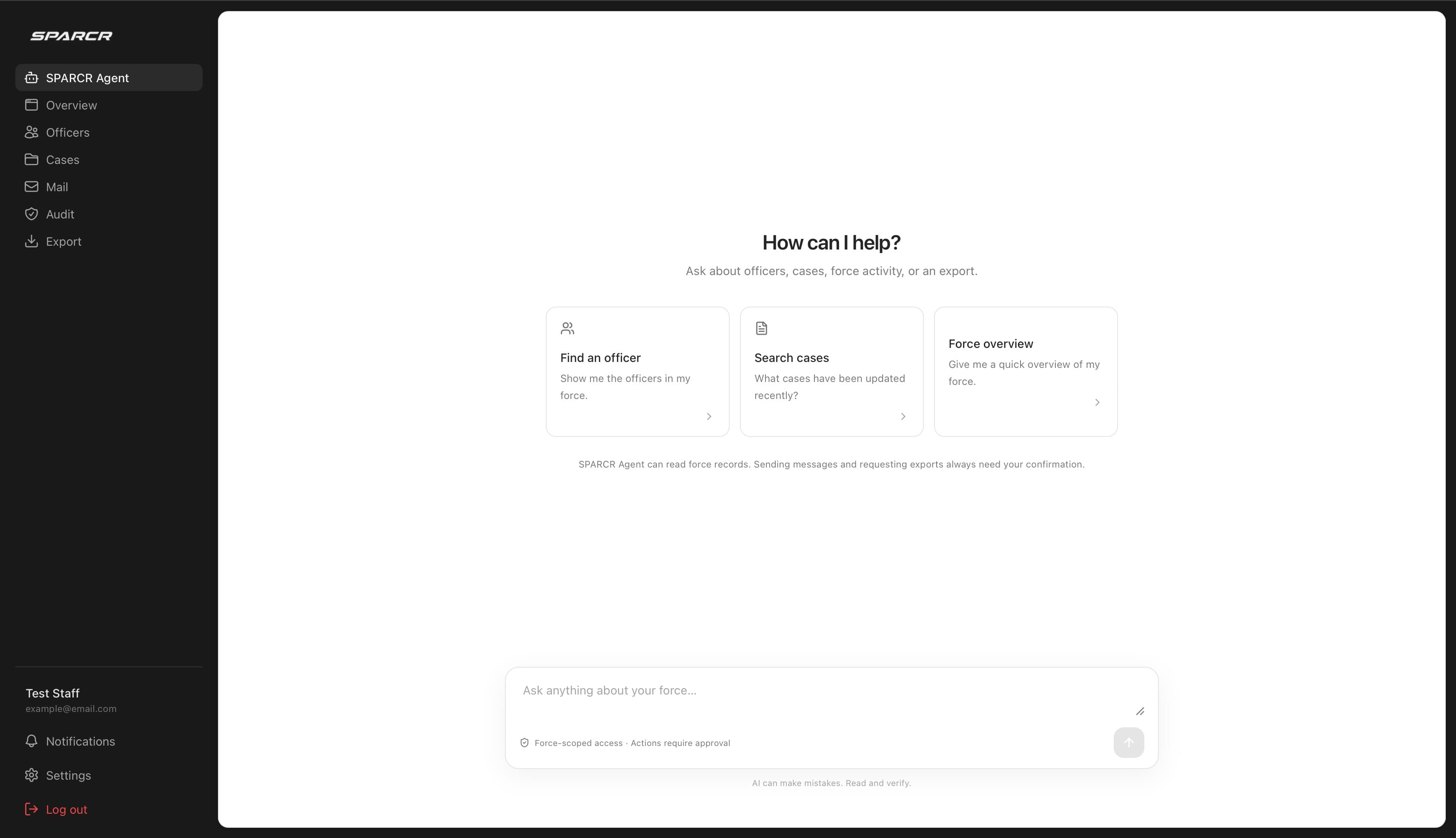 SPARCR force administration desktop showing the AI agent, officer and case search, force overview, audit and export tools