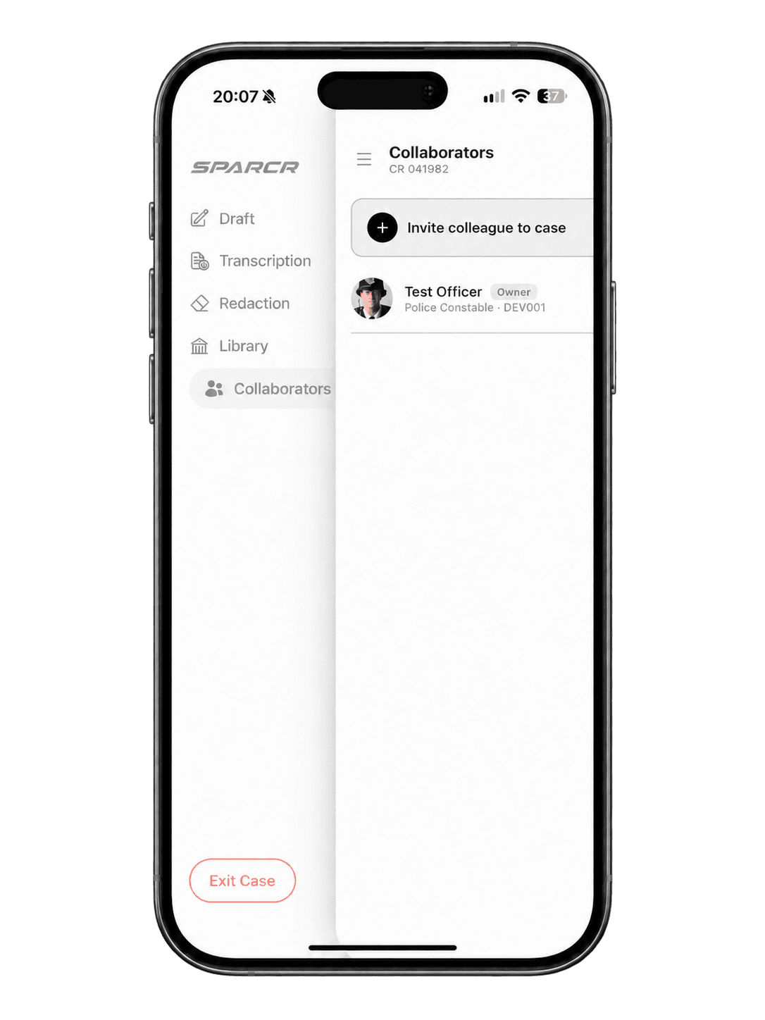 SPARCR Collaborators screen on an iPhone, with the option to invite a colleague to a case