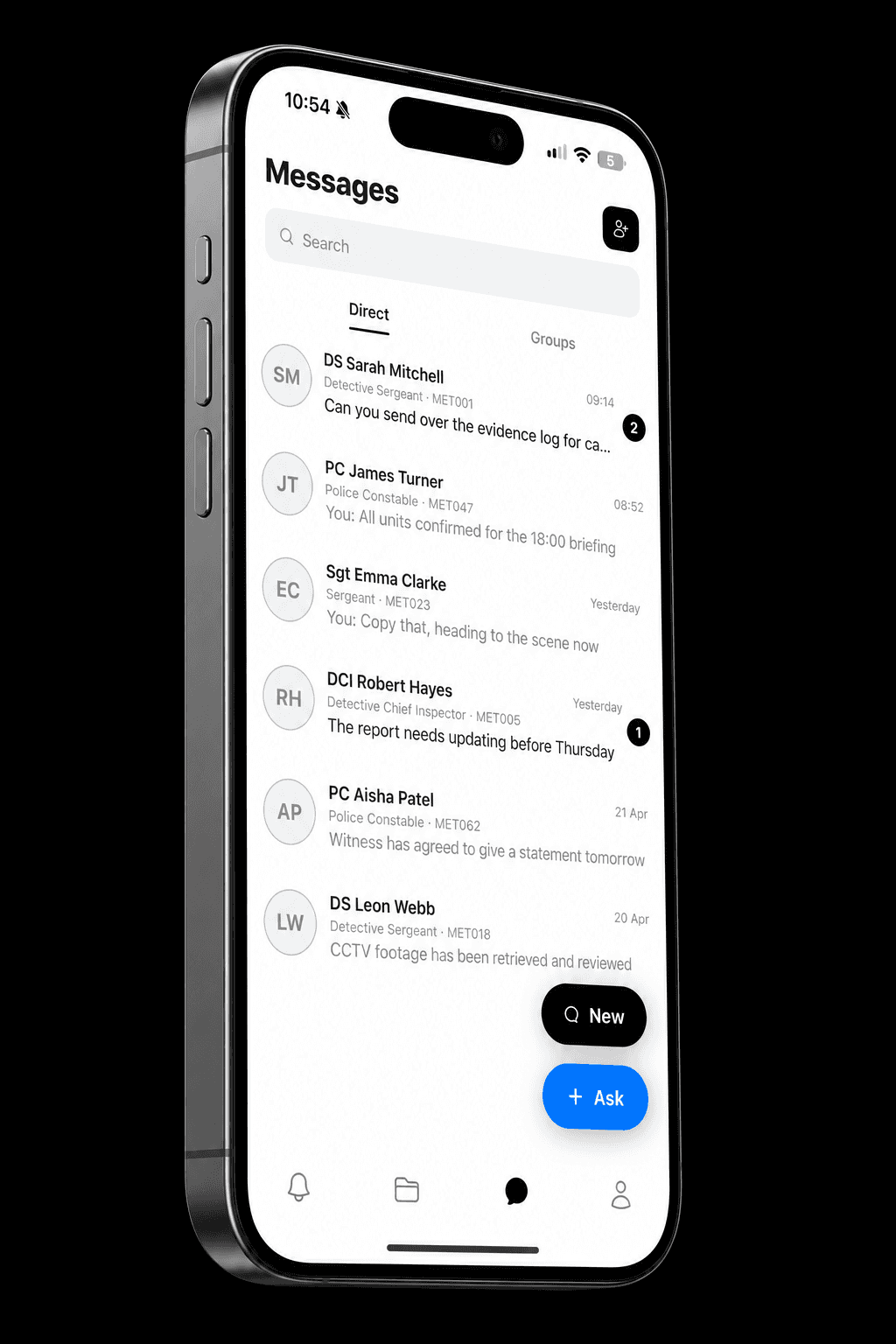 SPARCR Messages on an iPhone, showing direct chats, group messaging and the Ask button