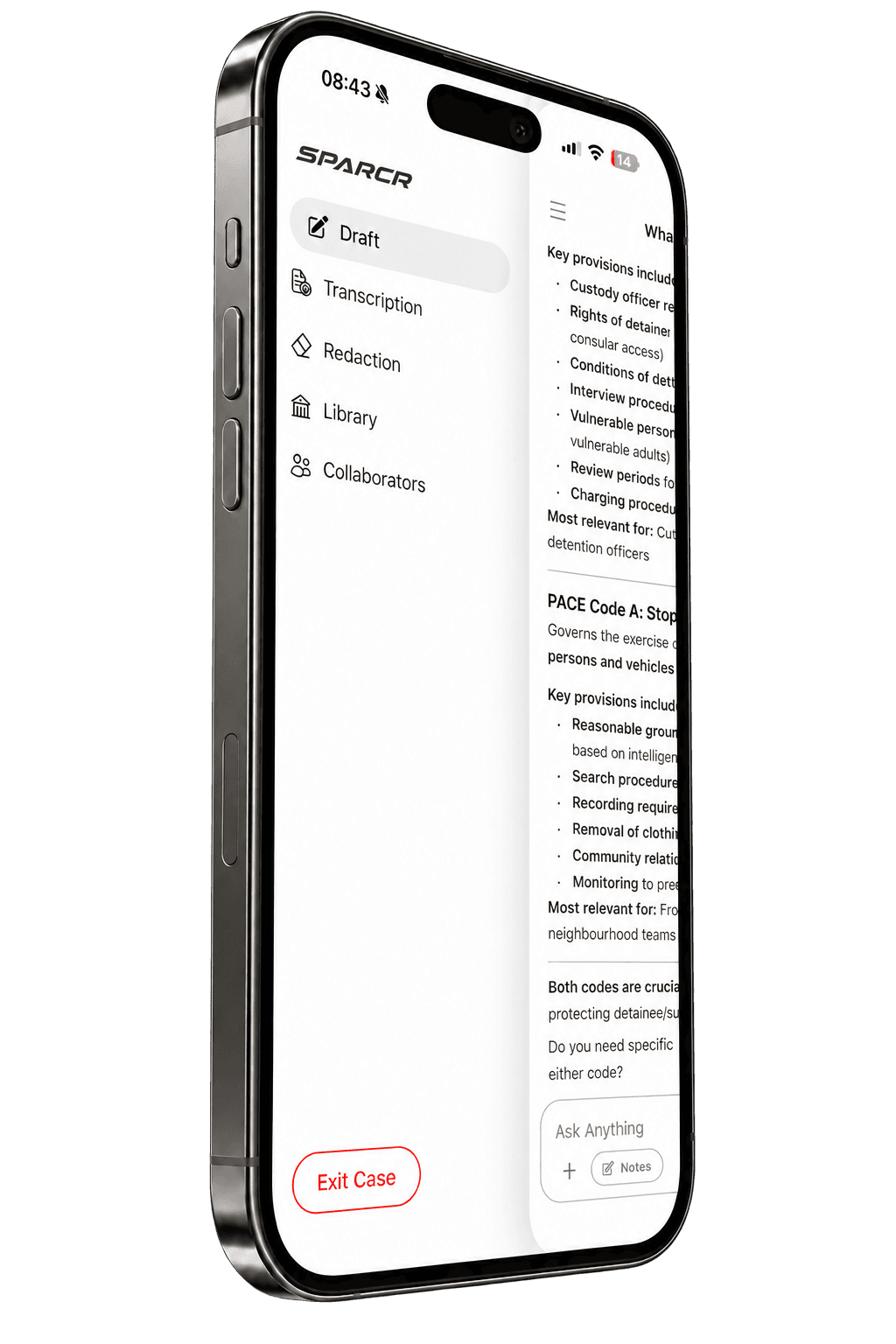 SPARCR saved case on an iPhone, showing Draft, Transcription, Redaction, Library and Collaborators alongside AI chat